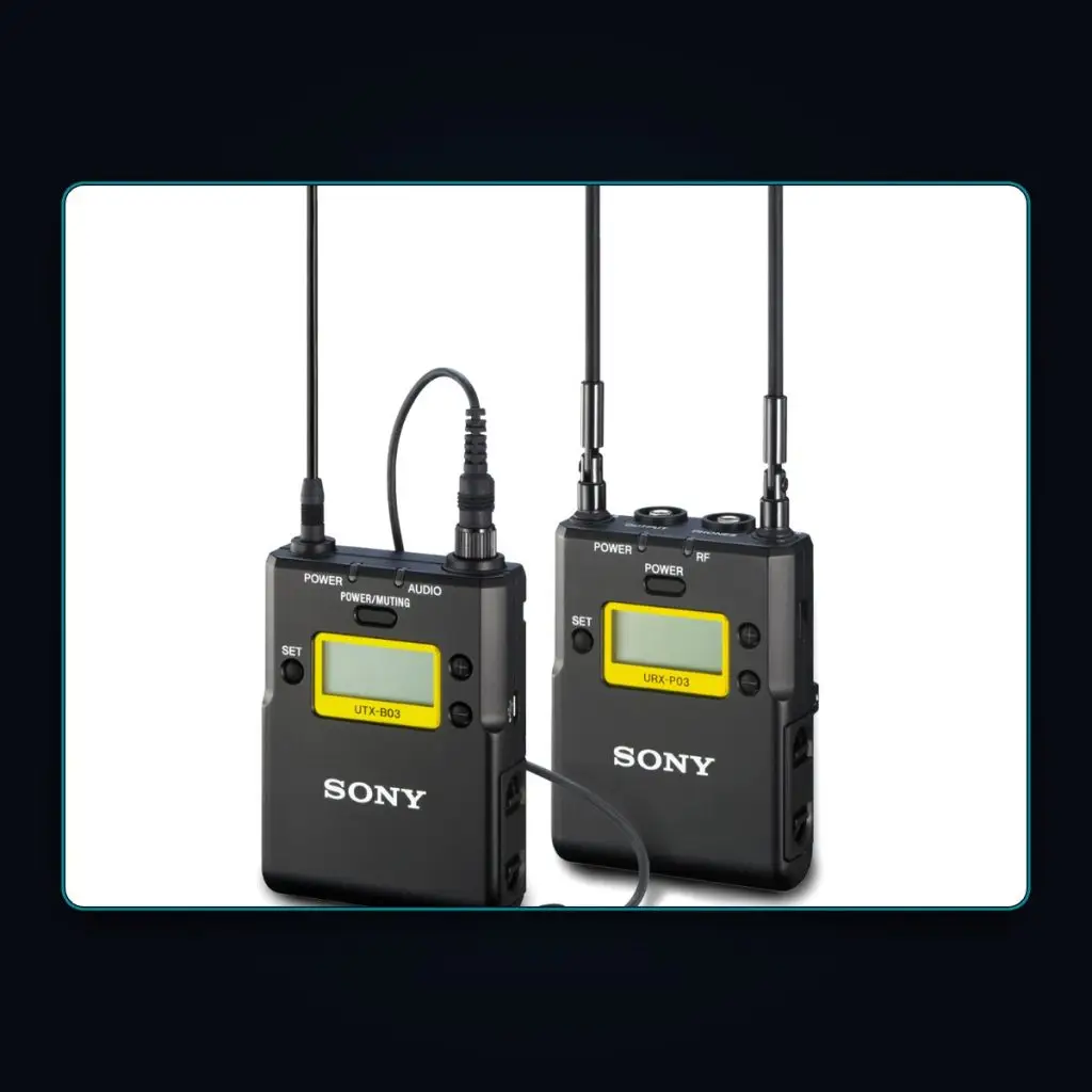 Sony lavalier microphone with wireless bodypack TX and portable RX — available to hire from RFPI