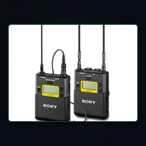 Sony lavalier microphone with wireless bodypack TX and portable RX — available to hire from RFPI