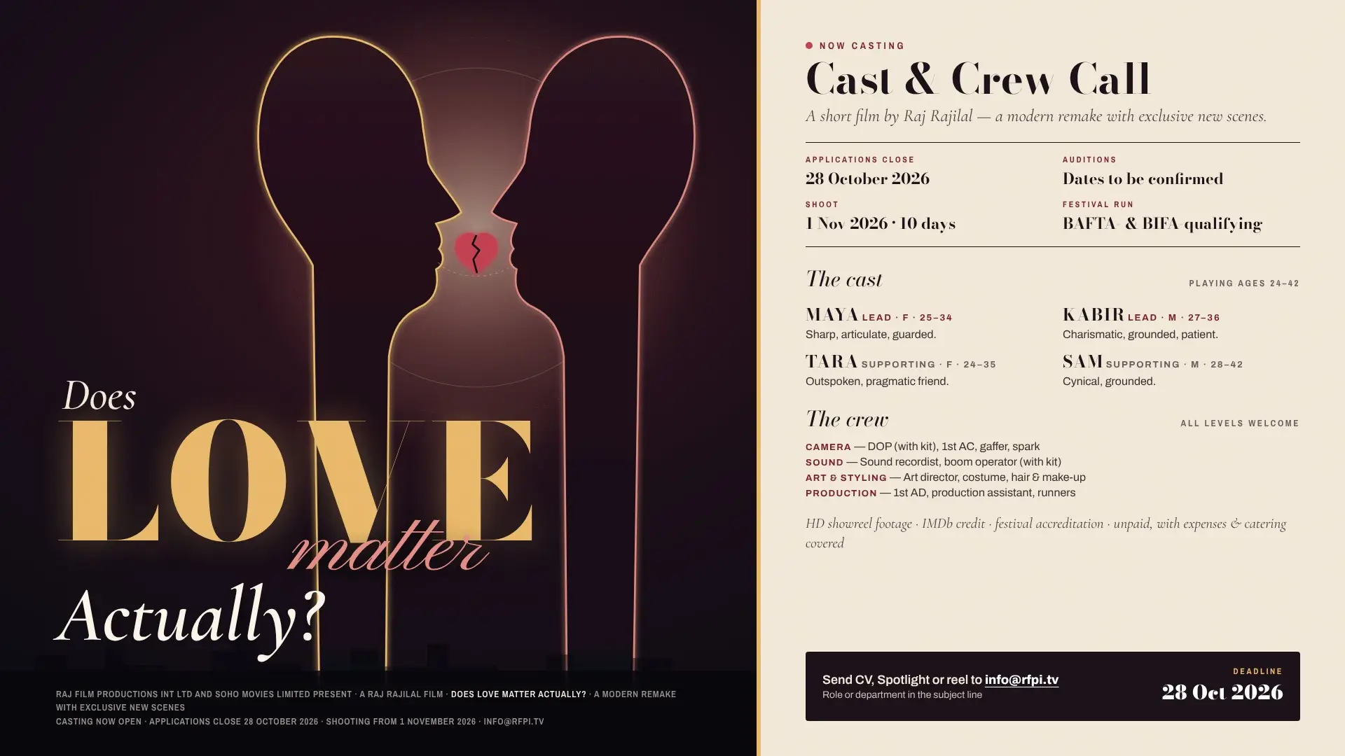 Casting and crew call poster for the short film Does Love Matter Actually? by Raj Rajilal